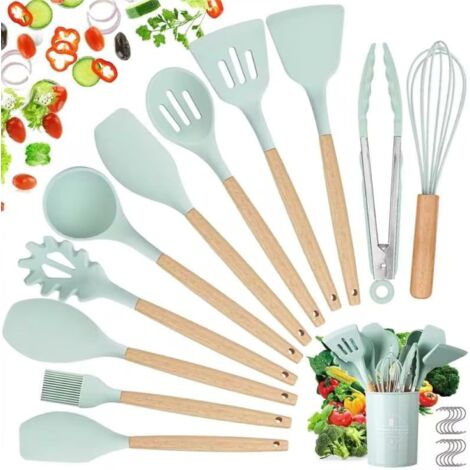 Silicone and Wood Kitchen Utensils, 22-Piece Accessory Kit, BPA-Free, Non-Stick Set with Storage Container, Green 01 (1/5)