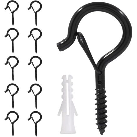 Set of 10 Screw Hooks, Black Screw Eye Hooks, Stainless Steel Screw Hooks, with Safety Loop, Wooden Ceiling Hook, for Outdoor Use, Garden, Plants, Bird Feeders, Lanterns
