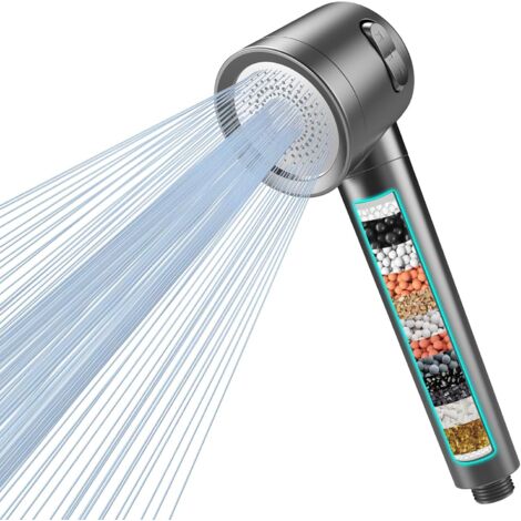 High-pressure shower head with 15-stage filter, 1.5m hose, 3 spray modes, anti-limescale, water-saving shower head to eliminate residual chlorine.