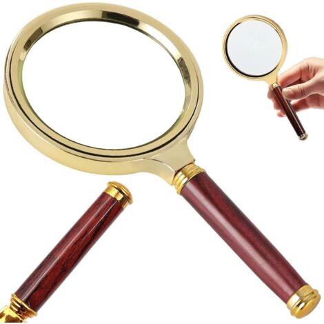 Handheld magnifying glass, 10x magnification, 80mm, lightweight, genuine glass, reading magnifier (Gold/Red) (1/5)