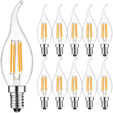 Pack of 10 4W E14 LED Filament Bulbs, Candle Flame, 2700K Warm White, 360° Beam Angle, Non-Dimmable [Energy Class F]