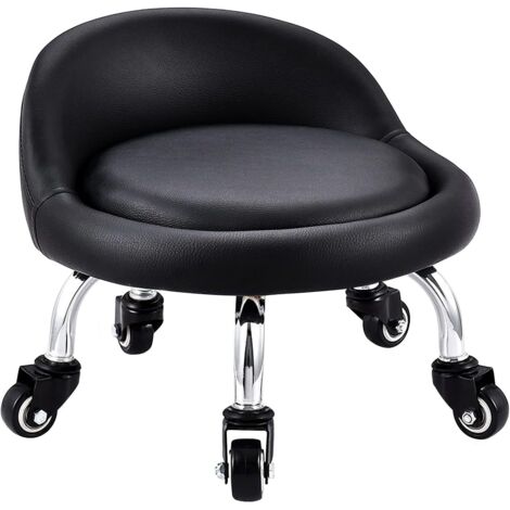 Low Stool with Wheels, Mini Rolling Stool with Low Base, Faux Leather Backrest, Low Metal Seat, 360° Round Leather Bench with 5 Wheels for Home Office or Fitness (Black)