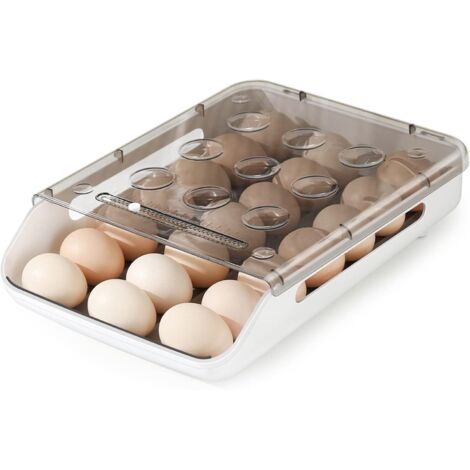 Stackable Egg Storage Box, Plastic Egg Crate, Fridge Egg Organizer with Automatic Scrolling Lid, Egg Container for Kitchen, Cabinets, Countertops (Grey)