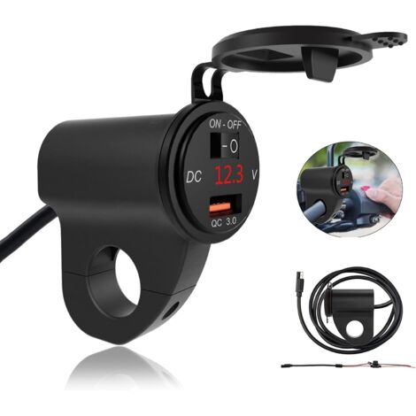 Motorcycle USB Mobile Phone Charger, Waterproof 12V Car Charger, with Voltmeter and Independent Switch, Fits Motorcycle Handlebars with a Diameter of 2.2 cm (1/5)