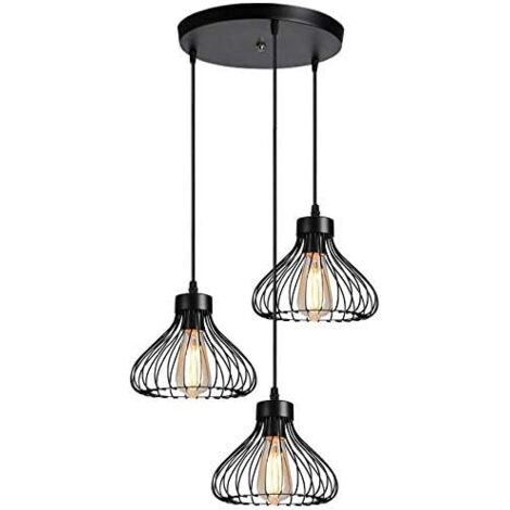 3-Light Industrial Pendant Light Fixture, Vintage Cage-Shaped Metal Lampshade, Ceiling Lamp for Kitchen, Dining Room, Living Room, Bedroom, Hallway, Restaurant - 23cm, Black with E27 Sockets (Bulb not