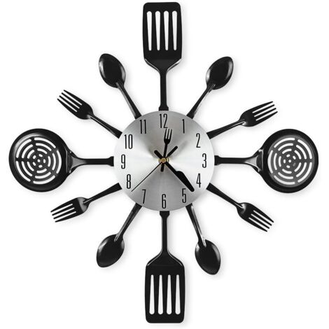 Large 16-inch kitchen wall clocks with spoons and forks, excellent home decor and beautiful gifts, black (1/5)