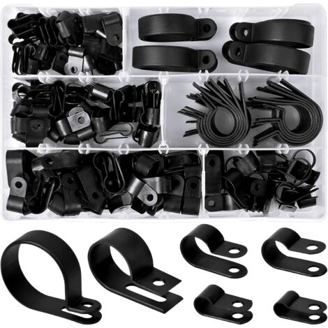 200 Pieces Nylon Plastic Clips R Clips Tube Fixing Clamps, 6 Sizes 3/16'' 1/4'' 3/8'' 1/2'' 3/4'' 11/8'' Fasteners for Conduits, Cables, Sheaths (Black) (1/5)