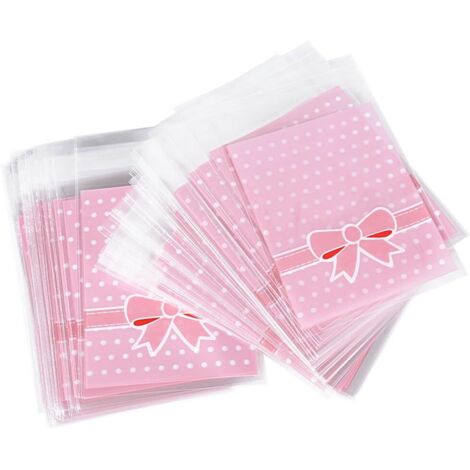 8x10CM+2.8CM 200pcs Pink Bow Tie Pattern Candy Bags/Picklets with Self-Adhesive for Sweets, Jewelry, and Small Items (1/5)