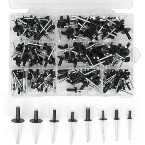 200 Pieces Aluminum Pop Blind Rivets, 3.2 x 8mm, 3.2 x 10mm, 4 x 10mm, 4 x 14mm, 4.8 x 14mm, 4.8 x 18mm, 8 Sizes Assorted Black Pop Rivet Kit for Metal, Wood, Plastic