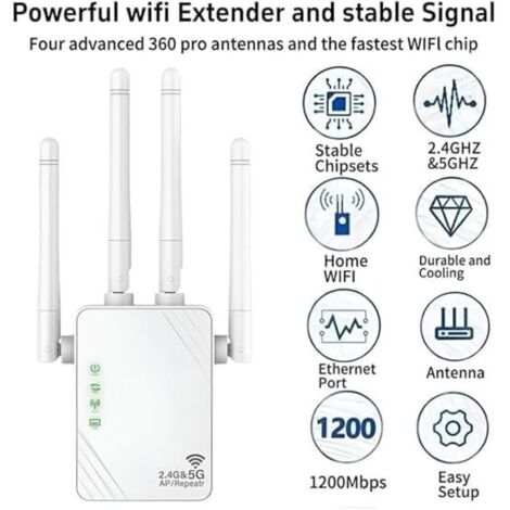 Amplificateur WiFi 1200Mbps - 4 Antennes, 2 Ports LAN - Couverture Jusqu'à 9800 Pi² - Répéteur/extenseur Facile