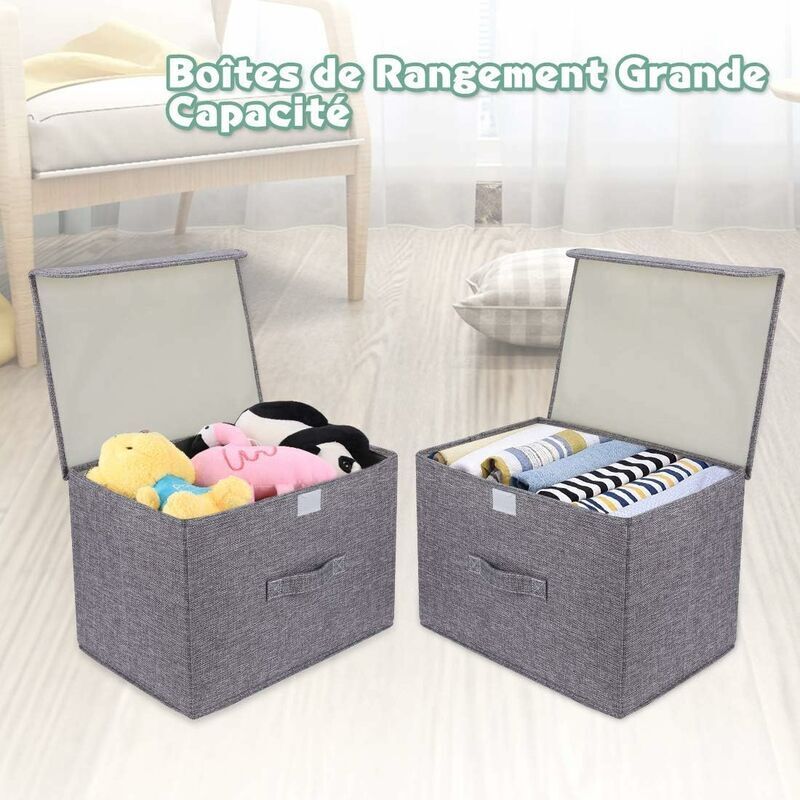 Tuza Lot De 2 Bacs De Rangement En Tissu Avec Couvercles - Gris, Taille M - Poignées, Pliables, Pour Vêtements, Couvertures