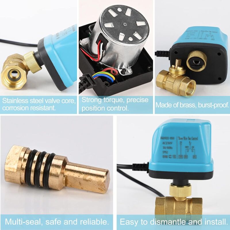 Vanne à Bille Motorisée IP67 3/4" - Laiton, 3 Fils 2 Commandes, AC220V/DC12V/24V - Pour Eau Chaude/froide, Contrôle Automatique - 9