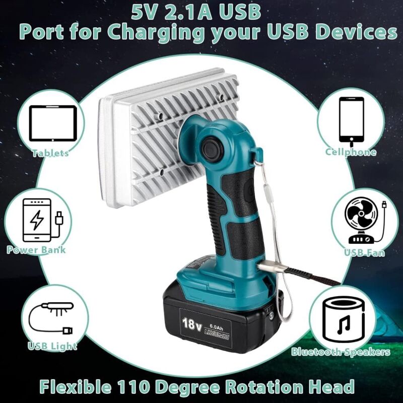 Lampe De Travail LED, Lampe De Travail Portable D'extérieur, Avec Port De Chargement Usb Lampe Torche De 8 Pouces Et 3300 Lumens Compatible Avec Les Batteries Au Lithium Makita 144 V 20 V 91820712