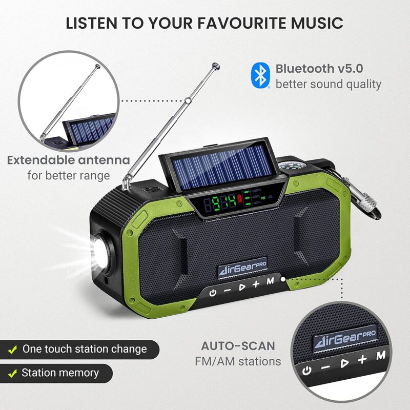 Radio Portable AM/FM BSL CT-6127 - Recharge Solaire + Manivelle Dynamo - Lampe Torche LED - Batterie 2000 MAh Power Bank - USB-A Et USB-C