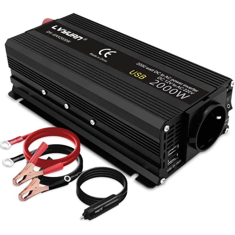 Onduleur 12V/24V Vers 230V - 1000W Continu (2000W Pic) - Prise EU + 2 USB - LCD - Pour Voiture, Camping, Caravane - 5