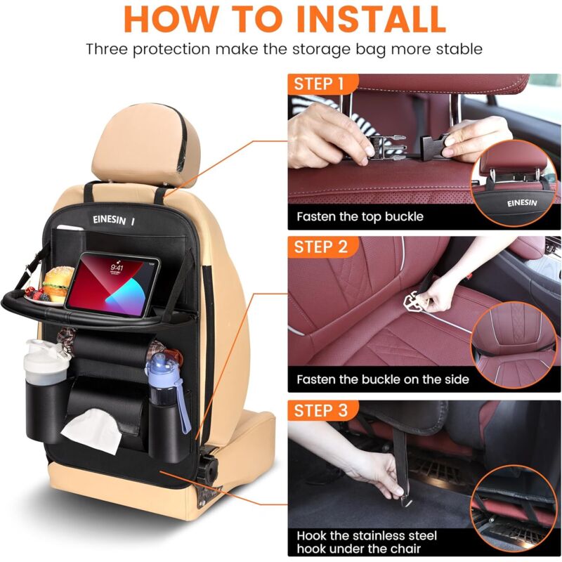 Organisateur Voiture Enfant 2 Pièces - Table Rabattable, 18 Poches - Tissu Oxford Imperméable - Pour Siège Auto - 9