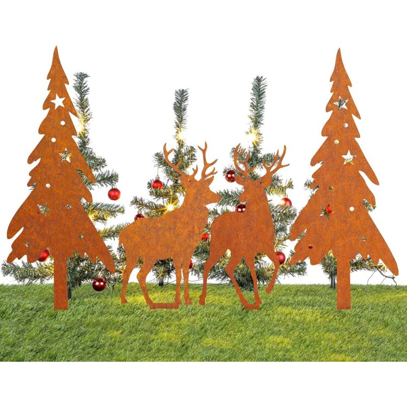 Décorations De Jardin En Métal Rouillé – 2 Sapins + 2 Bougies, Patine Naturelle, Résistant Aux Intempéries