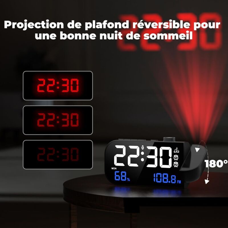 Réveil à Projection 180° Avec Affichage LED Au Plafond - Capteur Température, Calendrier, Alimentation USB - Pour Chambre, Bureau - 7