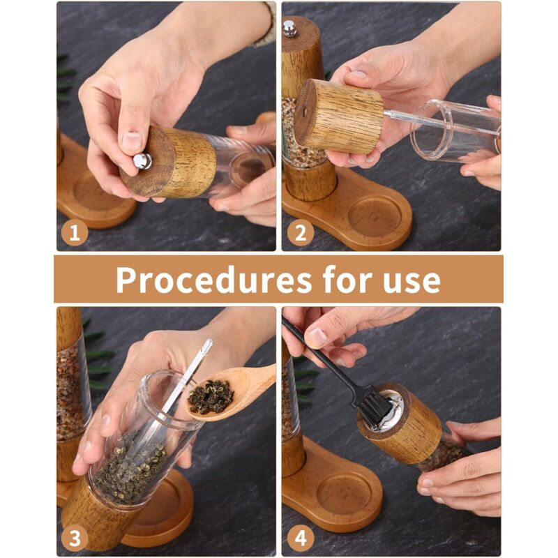Lot De 2 Moulins à Sel Et Poivre En Bois 20cm Avec Céramique - Réglables + Accessoires