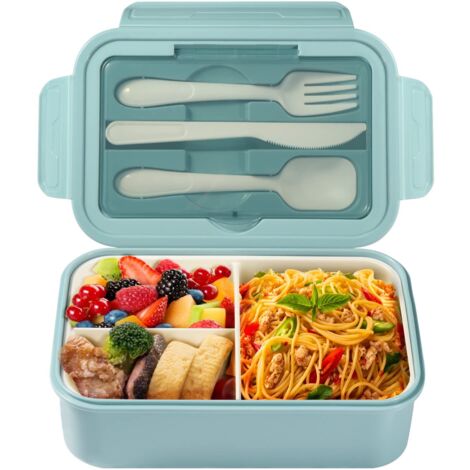 Lunch Box, Bento Lunch Box Enfant Adulte Boîte 1400ml avec 3 Compartiments, Conception Sans Fuite Lunchbox avec Couverts, pour Micro-onde Lave-vaisselle, École Pique Nique Travail (Bleu) (1/5)