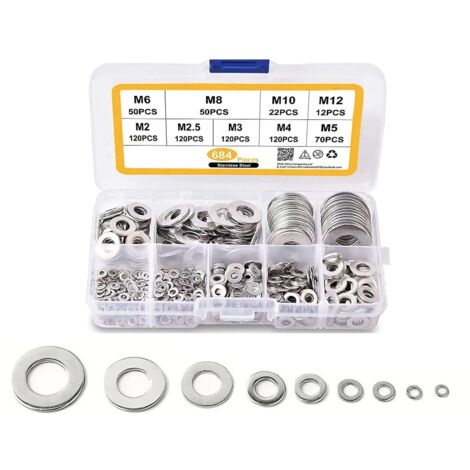Lot de 684 joints de vidange de voiture, 9 tailles M6 M8 M10 M12 M2 M2.5 M3 M4 M5, joint d'étanchéité plat en acier inoxydable, accessoire universel de voiture (argenté) (1/5)