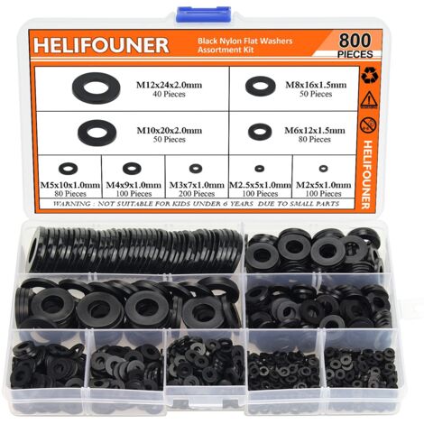 Assortiment de 800 rondelles plates en nylon noir - 9 tailles - M2 M2,5 M3 M4 M5 M6 M8 M10 M12