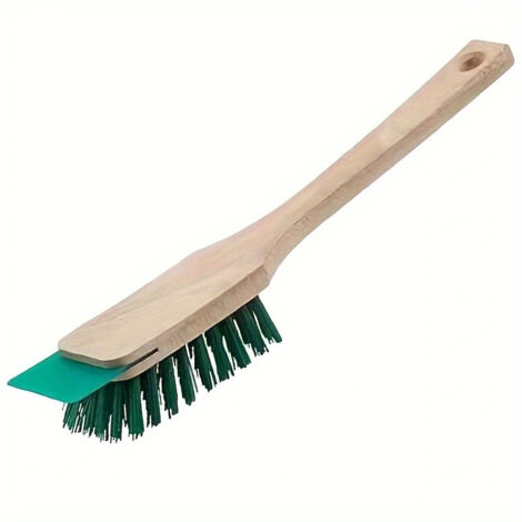 Applicable Brosse pour tondeuse à gazon avec grattoir - Poils robustes en plastique et long manche en bois - Vert - Brosse pour outils de jardin - Balayette à main pour le nettoyage de la tondeuse à g (1/4)