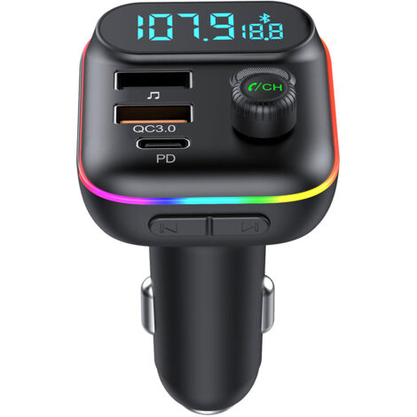 Transmetteur FM Bluetooth Voiture, Allume Cigare Bluetooth 5.0 Émetteur Radio, Chargeur Rapide de Voiture PD Type C+ QC3.0, Appels Mains Libres, Lecteur de Musique MP3 Basse Support U Disk