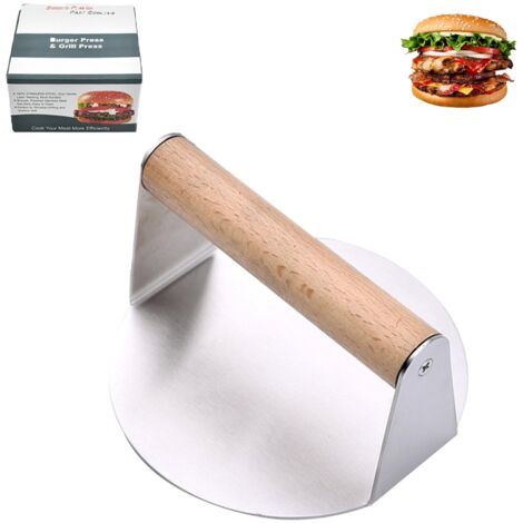 Steak Haché, Smash Burger Ronde de 5,5 Pouces en Acier Inoxydable 304 avec Manche en Bois, Presse Burger de Qualité Alimentaire, Facile à Nettoyer (1/5)