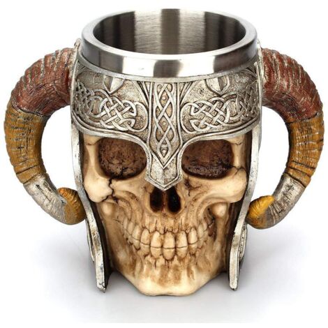 médiéval Mug, en Acier Inoxydable RAM Cornes Viking Pirate Gothique crâne Mug Tankard Coupe, château médiéval Lord Knight Skeleton Tankard Stein pour bière vin café 500 ML (17 oz) (1/5)