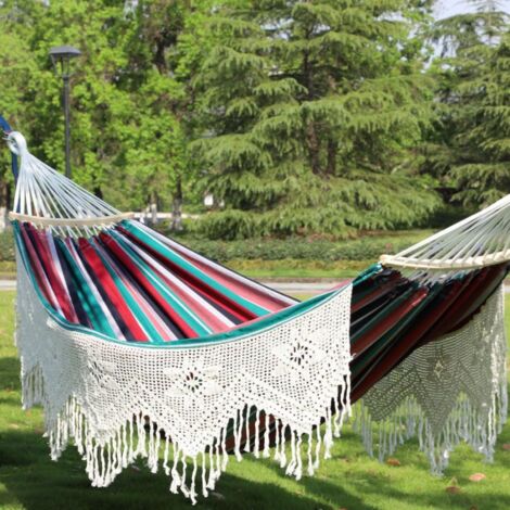Hamac double extra large en coton robuste Grande frange Bohème Convient pour extérieur, terrasse, jardin (1/5)