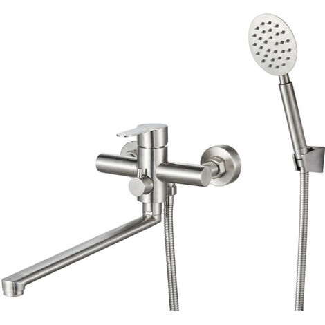 Mitigeur de baignoire avec douchette – Acier inoxydable brossé – Bec long 30 cm pivotant – Accessoires complets inclus (1/5)