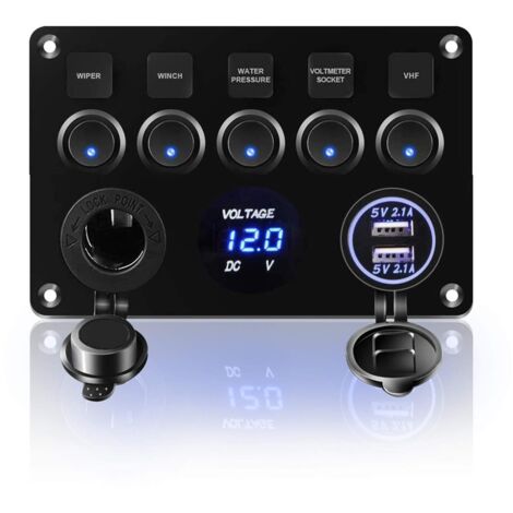 Panneau interrupteur à bascule 12V 24V – 5 interrupteurs LED – Chargeur USB 2,1A – Prise allume-cigare – Étanchéité IP65 (1/5)