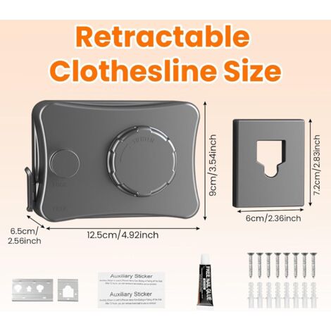 Corde à Linge Rétractable, 5.1m Fil à Linge Retractable, Étendoir à Linge Rétractable Extérieur, Corde à Linge Murale, Ligne de Lavage avec Vis et Autocollant pour Salle de Bain Balcon Jardin