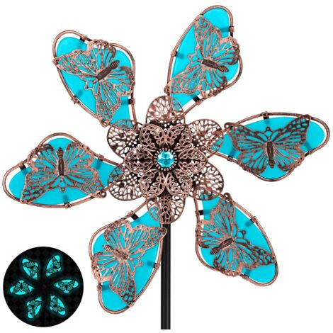 Metal Wind Spinners en plein air, Lumière dans les sculptures de vent sombre avec Pièce en métal, Moulin à vent cinétique 360 ° pour jardin Cour pelouse Patio Décor (bleu)