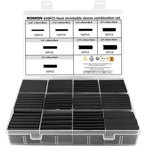 650 Pièces Gaine Thermorétractable Noir Etanche, Gaine Retractable pour Fil Electrique, Manchon Thermoretractable, 2:1 Tube Thermorétractable Noir, Isolation Electrique Tube, 8 Tailles (1/5)