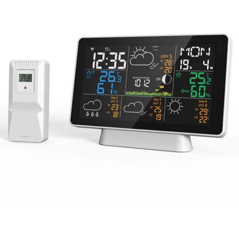 Station Meteo Interieur Exterieur Sans Fil, Station Météo 7,5 Pouces Connectée WIFI, Station Météo Sans Fil avec Prévisions Météorologiques, Baromètre,Heure, Date,Phase de Lune,Alarme et Snooze.