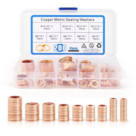 200 Pcs Rondelles Metal Joint Cuivre Vidange Rondelles pour Gonds de Porte Rondelles Plates Joints Bague D'étanchéité Rondelle Cuivre Joint Vidange Assortiment Kit 9 Tailles - M5M6M8M10M12M14 (1/5)
