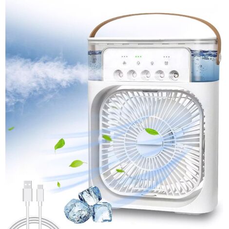 Ventilateur USB C Mini Climatiseur de Table avec Vaporisateur D'eau, Diffuseur D'odeurs, Minuterie Arrêt Automatique, Pivotant, LED 7 Couleurs, Silencieux Portable, Maison, Bureau, Camping (1/5)