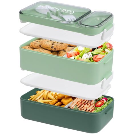 Boîte à déjeuner Bento pour adulte, 1600 ml Empilable Grande boîte à bento avec fourchette, cuillère, Boîtes à sauce, Anti-fuite pour le travail, l'école, la nourriture, Vert Morandi (1/5)