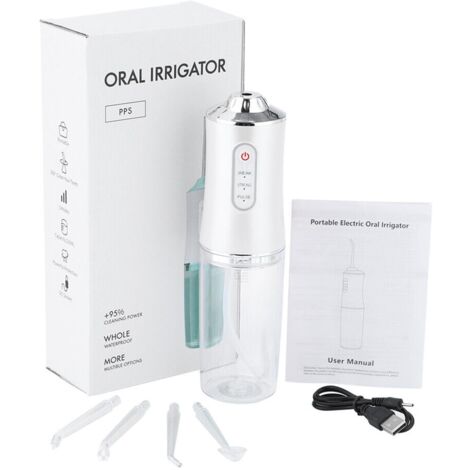 Hydropulseur électrique étanche sans fil 220 ml avec 4 embouts de jet, 3 modes de pression (blanc)