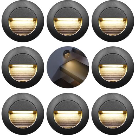 Applique encastrée murale 3W – Lumière d'escalier ronde 65mm – Blanc chaud 3000K – IP65 étanche – Lot de 8 avec boîtiers encastrés