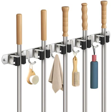 Accroche Balai Mural, Porte Balais Mural en Acier Inoxydable, Support Balais Mural avec 5 Supports et 4 Crochets, Accroche Balai pour Cuisine, Salle de Bain, Garage et Jardin