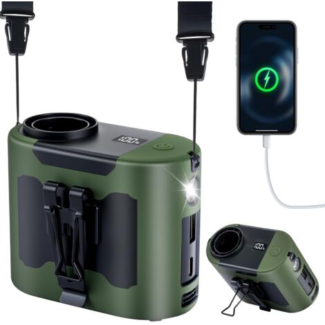 Ventilateur Portable 14800mAh 40H, Ventilateur de Taille 5 Vitesses 16000RPM avec Lumière LED Ventilateur de Cou à Mains Libres for Extérieur, Chantier, Ferme,Voyage, Pêche(vert) (1/5)