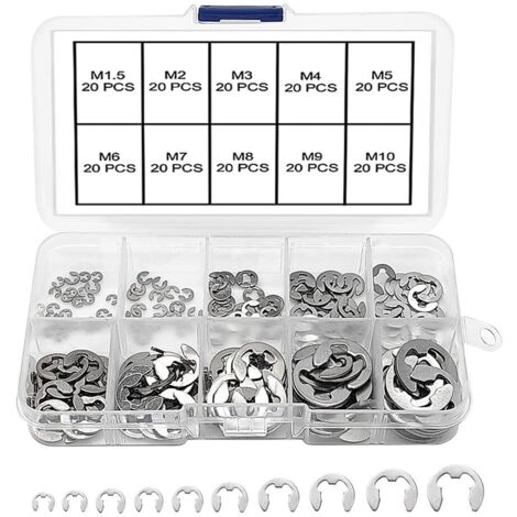 200 Pièces Bague de Retenue Eexterne Snap Kit, En Acier Inoxydable E-Clip Anneau de Retenue Externe Snap Kit, 10 Tailles M1.5/2/3/4/5/6/7/8/9/10 avec Boîte en Plastique (1/5)
