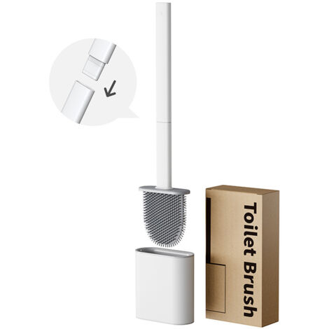 Brosse WC Silicone Plate- Brosse Toilette et Supports, Anti-goutte, Antibactérienne, Balayette WC Ventilée, Séchage Rapide sans Odeur, Balai WC Montage Mural/au Sol, Salle de Bain et WC Blanc