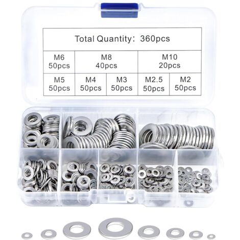 360 Pièces Rondelles Metal Rondelles Inox, Rondelles Plates en Acier Inoxydable avec Boîte de Rangement, Rondelles pour Vis, écrous et Tiges Filetées (M2, M2,5, M3, M4, M5, M6, M8, M10) (1/5)