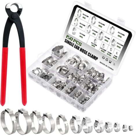 Colliers de serrage inox 304 150PCS – 12 tailles 6-33.1mm – Pince universelle incluse – Pour tuyaux d'eau chaude et air conditionné (1/5)