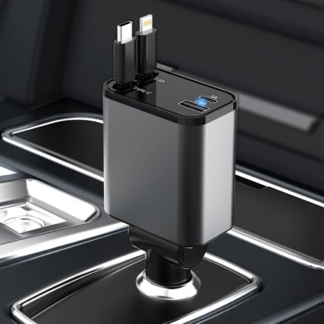 Applicable Chargeur de Voiture rétractable 4 en 1, Chargeur Rapide 66W à Doubles Ports, Chargeur pour Allume-Cigarette de Voiture pour iPhone 15/14/13/12/11, iPad, Galaxy (1/5)