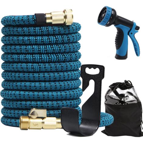 Lot de 3 tuyaux d'arrosage rétractables avec raccords en laiton extra solides, buses 10 fonctions pour lavage de voiture (bleu noir, 23 m (après connexion à l'eau)) (1/5)